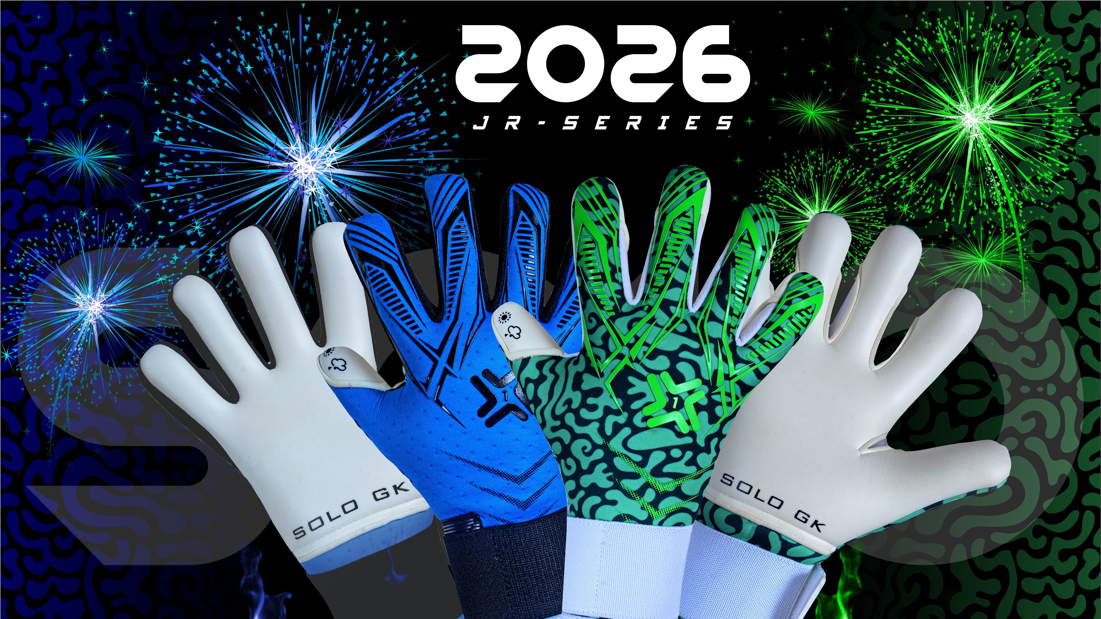 Three gloves in blue, green, and white with '2026 Jr. Series' branding on a dark background with fireworks.